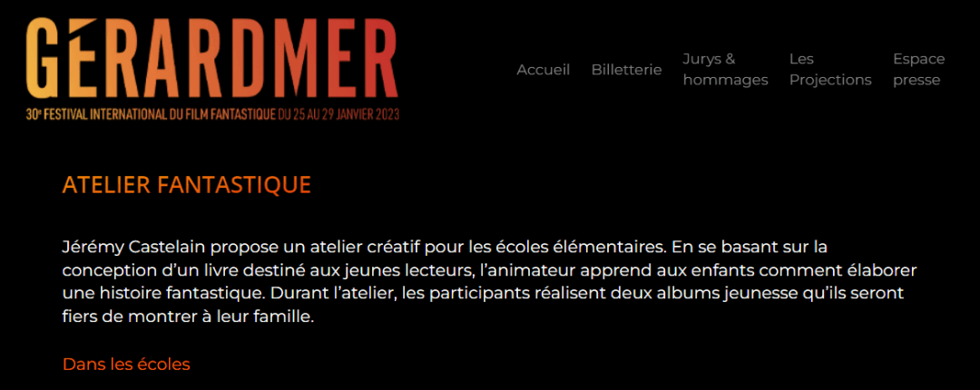 Page du site du festival pour les ateliers jeunes public